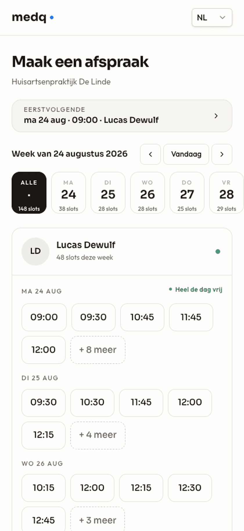 De boekingspagina van Medq op een telefoon