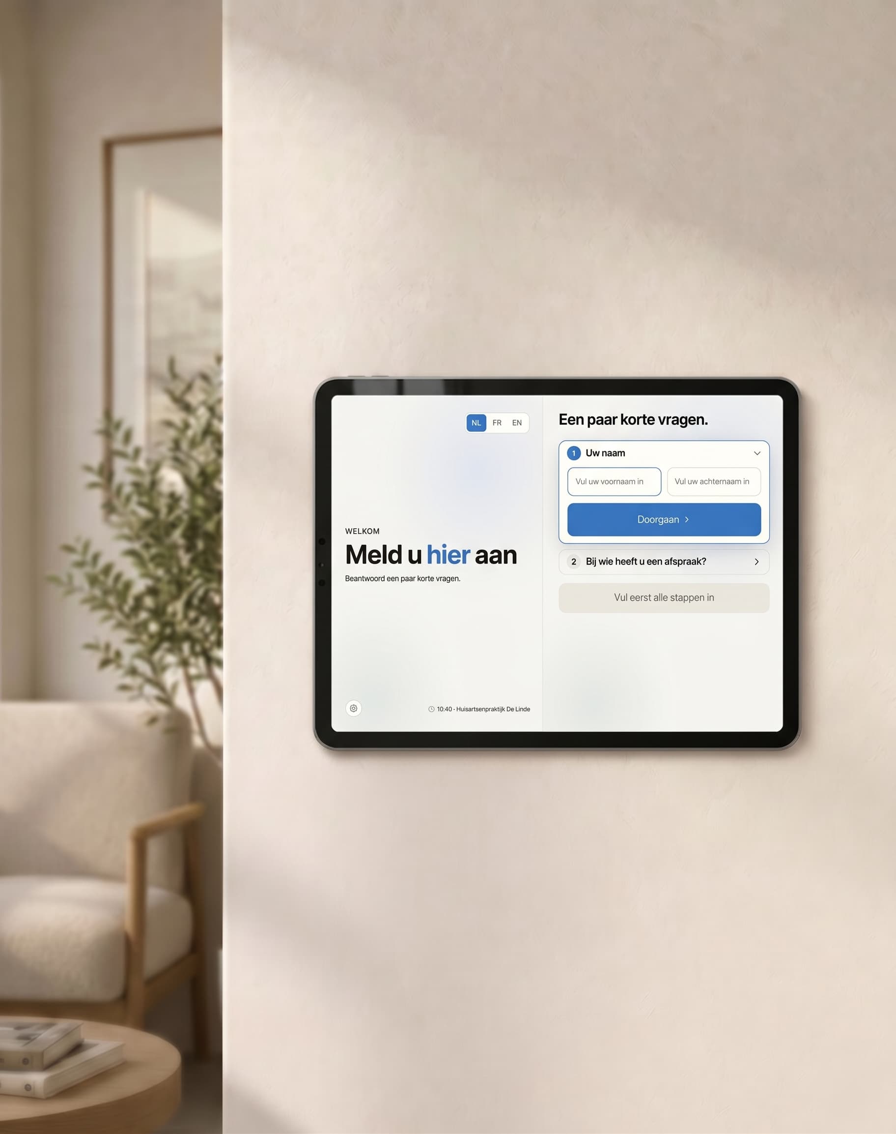 Het Medq check-in scherm op een tablet
